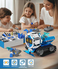 Five In One STEM RC Robot Building Kit With 494 Pieces App Coding Hands On Learning Toy For Ages 8 To 13 AI Interactive Robot With Expressive Eyes And Transformations From Snail To Tank Kid Friendly And Super Cool assembled on table with kids