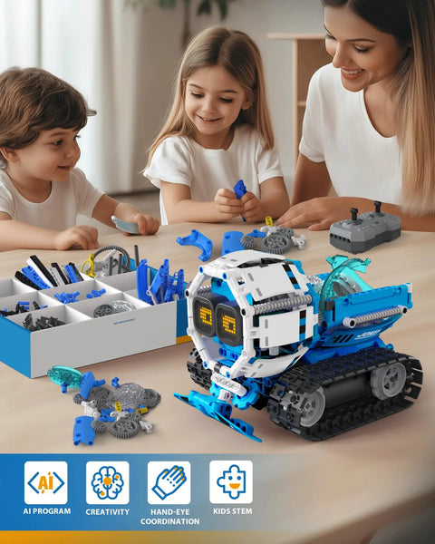 Five In One STEM RC Robot Building Kit With 494 Pieces App Coding Hands On Learning Toy For Ages 8 To 13 AI Interactive Robot With Expressive Eyes And Transformations From Snail To Tank Kid Friendly And Super Cool assembled on table with kids