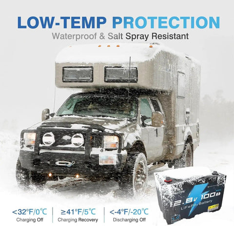 12V 100Ah LiFePO4 Battery With Bluetooth 5.0 And 100A BMS Low Temp Protection for Marine RV Solar Off Grid Trolling Motor Group 22NF 24 15000 Cycle in a snowy environment