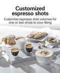 Customized espresso shots displayed in elegant cups, showcasing volume options for Slide And Lock Espresso Machine With Built In Milk Frother Steam Wand 15 Bar Pump Compact Countertop Coffee Maker Smooth Operator For Hassle Free Brewing And Fresh Cafe Quality Shots.