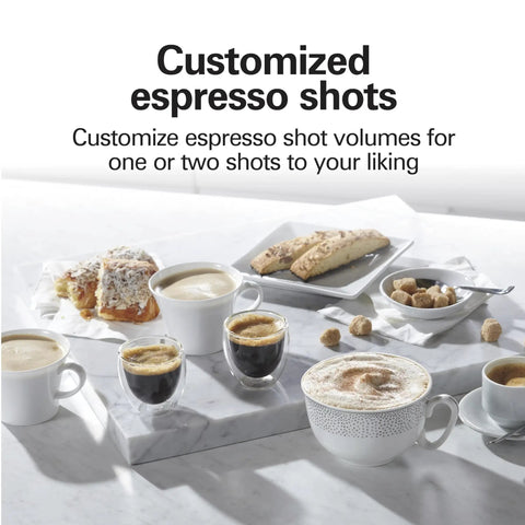 Customized espresso shots displayed in elegant cups, showcasing volume options for Slide And Lock Espresso Machine With Built In Milk Frother Steam Wand 15 Bar Pump Compact Countertop Coffee Maker Smooth Operator For Hassle Free Brewing And Fresh Cafe Quality Shots.