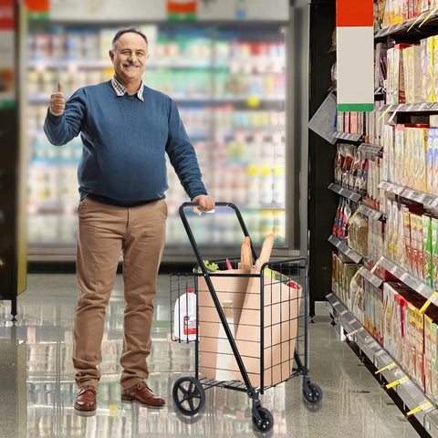 Man using Foldable Utility Shopping Cart With Double Baskets For Grocery And Laundry, Portable Wagon Cart On Wheels in store