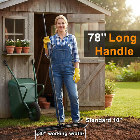 Person holding Heavy Duty Lawn Leveling Rake With Four Spiked Wheels And Smooth Roller For Multi Surface Grading