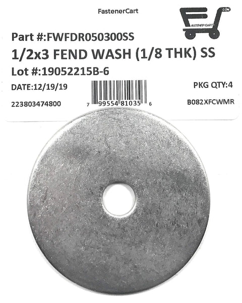 Stainless steel fender washer, 1/2 in ID x 3/4 in OD, 1/8 in thick, 4 pieces