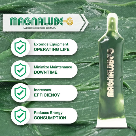 Magnalube-G tube against green grease background with benefits text: operating life, downtime, efficiency, energy consumption