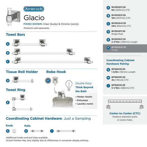 Promotional diagram featuring Glacio Clear Chrome Single Robe Hook Towel Holder About 3 Inch Long Mixed Material Luxury Bath Hardware.