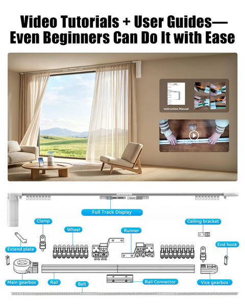Smart Electric Curtain Track System For Windows 20 To 165 Inches With Remote Control Motorized Opener Voice Activated With Alexa Google Home Tuya Smart Life App Compatibility Scheduling And No Hub Needed, ceiling track diagram