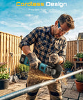 Person using Cordless 4-1/2 Inch Angle Grinder With 21V Brushless Motor Dual 4.0Ah Batteries 10000 RPM for metal cutting outdoors