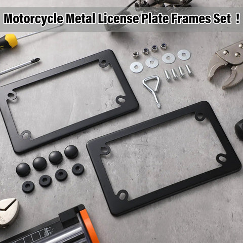 Two Pack Stainless Steel Motorcycle License Plate Frames In Black Finish Heavy Duty Metal Plate Cover With Mounting Screws Nuts Caps Rust Proof And Rattle Proof