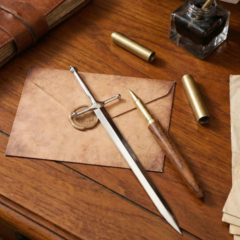 Vintage Sword Style Letter Opener for Envelopes and Mail with Slick Precision Slitter on wooden desk