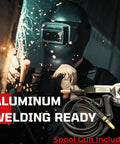 MIG Welder 175A With Aluminum Spool Gun For Quick Start and Auto Synergistic Settings in use, welder and spark background