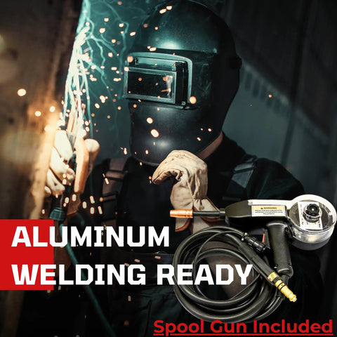 MIG Welder 175A With Aluminum Spool Gun For Quick Start and Auto Synergistic Settings in use, welder and spark background
