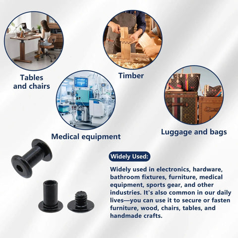 Top Shelf Black Chicago Screws And Binding Post Tools For Leather Crafting And Scrapbook Binding M4 X 8mm Carbon Steel Fasteners on various craft and furniture items.