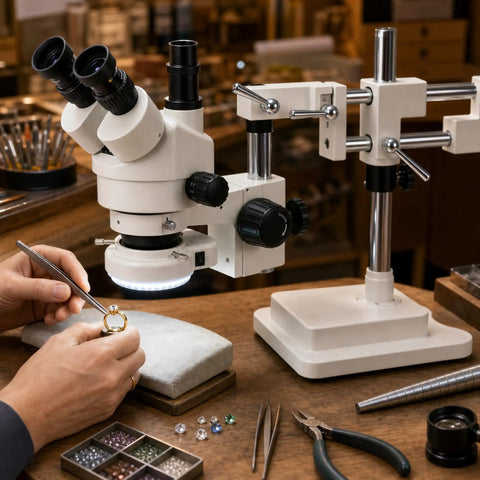 Trinocular Stereo Zoom Microscope 3.5X To 90X With Dual Arm Boom, 45 Degree Inclined Head Rotates 360, Simul Focal Port For Digital Camera Or HD Touch Screen, Interpupillary 54 To 76 Mm, Diopter Adjustable Plus Or Minus Six, Top Notch Lab Setup.