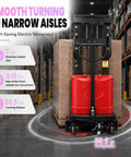 Heavy Duty Electric Pallet Stacker Delivering 3300 Lbs Capacity and Zero Sweat Hauling for Busy Warehouse Floors and Factory Racks featuring smooth turning in narrow aisles.