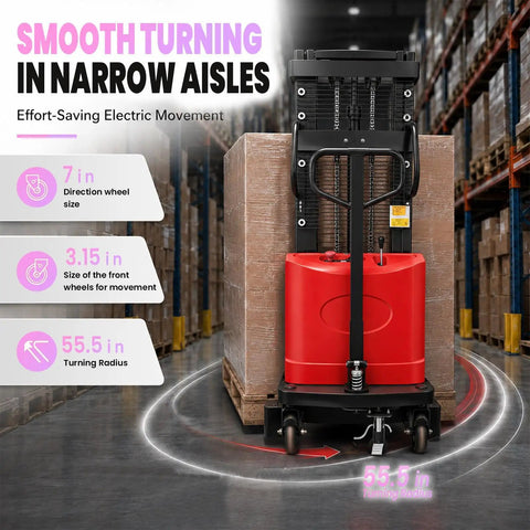 Heavy Duty Electric Pallet Stacker Delivering 3300 Lbs Capacity and Zero Sweat Hauling for Busy Warehouse Floors and Factory Racks featuring smooth turning in narrow aisles.