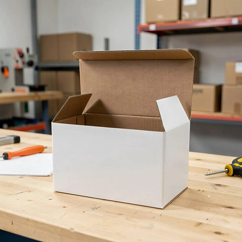 20 Pack White Corrugated Cardboard Mailing Boxes For Shipping And Parcel Packaging, Heavy Duty White Paper Parcel Boxes, Ideal For Small Business, Warehouse, Moving, 6.3 By 4 By 3.2 Inches open on workbench