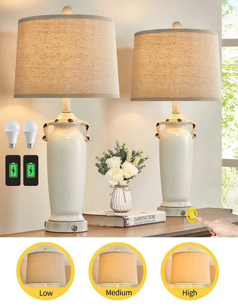 25.75 Inch Farmhouse Ceramic Table Lamps Set Of 2 With 3 Way Dimmable Touch Control Modern Vintage Rustic Nightstand USB Powered