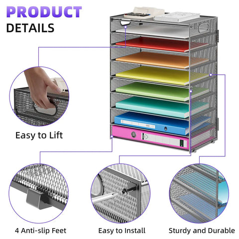9 Tier Mesh Paper Organizer With Portable Handle, Desk File Sorter For Home Office, showing details of features and design.