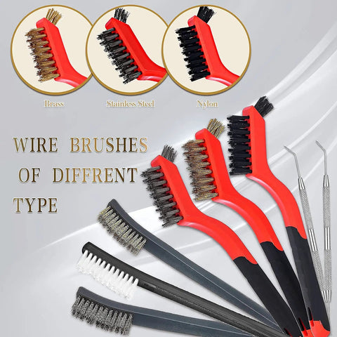 8 Piece Wire Brush Set With Brass Stainless Steel And Nylon Bristles For Rust Busting Dirt Scrubbin And Paint Scrubbin