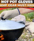 Aramid Heat Resistant Cooking Gloves for Indoor and Outdoor Use in action, lifting lid off outdoor pot.