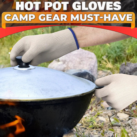 Aramid Heat Resistant Cooking Gloves for Indoor and Outdoor Use in action, lifting lid off outdoor pot.