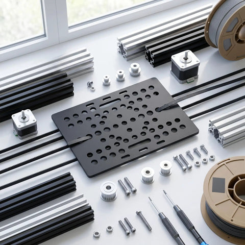 Gantry Plate Aluminum High Strength Black Anodized For 3D Printer And Milling Machines with assembly components on table