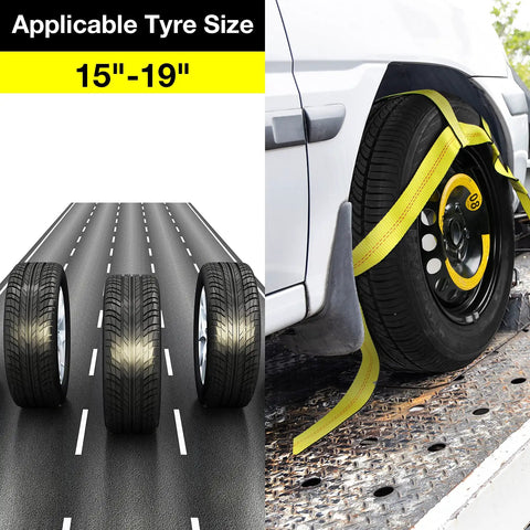 Tow Dolly Basket Straps With Flat Hooks 2 Pack Pro Grade Heavy Duty Fits 14 To 19 Inch Car Tires Full Tire Coverage For Wheel Lifts And Tow Dollies Durable Strap Set on 15-19 inch tire