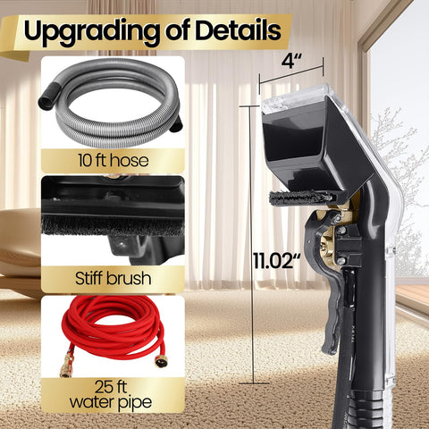 Pro Grade Carpet Extractor Kit For Your Vacuum DIY Friendly With 10 Ft Hose And 25 Ft Water Line detail view in carpeted room