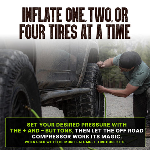 Person inflating off-road vehicle tire using FiveSix PSI Pro Auto Shutoff 12V Off Road Air Compressor With 4Ft Hose Portable Single Cylinder 5.6 CFM