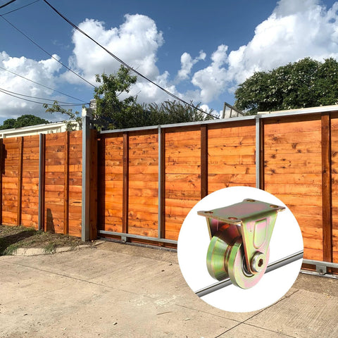 2 Pcs U Groove Pulley Wheel Casters 1 Inch Groove U Type for sliding gates with wooden gate installation and clear sky.