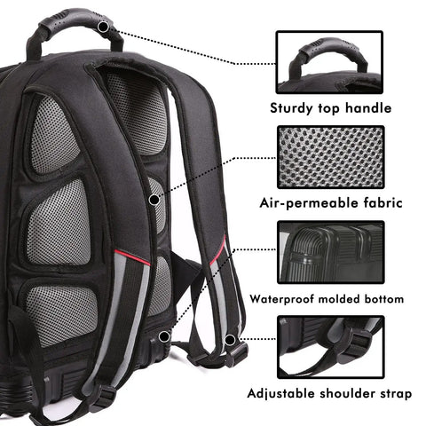 Heavy Duty Tool Backpack For Pros With 51 Pockets HVAC Electrician Plumber Garden Tool Carrier Built Tough In 600D Polyester With Reinforced Zippers showing back view with handle and straps