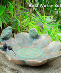 Antique Resin Bird Bath For Outdoors, Flower Shaped Garden Bird Bath With Vintage Bird Ornament in garden setting