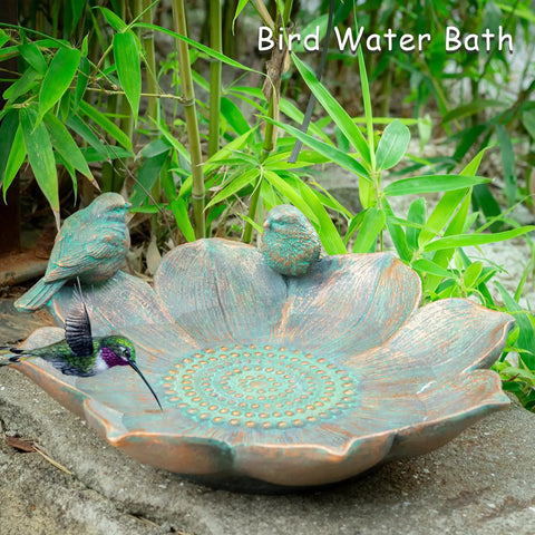 Antique Resin Bird Bath For Outdoors, Flower Shaped Garden Bird Bath With Vintage Bird Ornament in garden setting