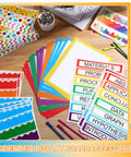 Rainbow Science Fair Board Kit With 60 Scalloped Borders, 24 Presentation Subtitles, And 6 Science Fair Title Stickers displayed on table