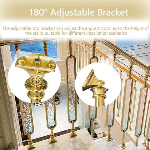 180° adjustable bracket for Top Shelf Gold Glass Staircase Balusters With Rock Solid Aluminum Spindles for Indoor Outdoor Stairs.