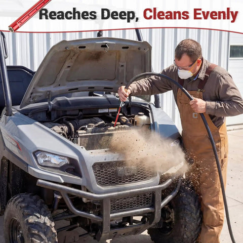 Mechanic using Beefy Flat Tight Space Radiator Cleaning Wand For Radiators And Condensers on ATV engine