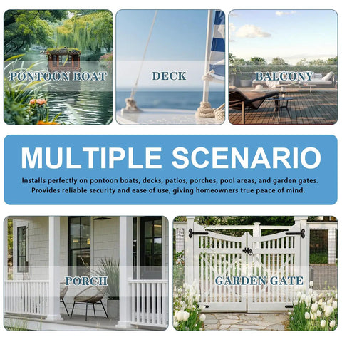 Collage showing uses of Heavy Duty Pontoon Gate Stop And Door Keeper Hardware Kit for boats, decks, balconies, porches, and gates.