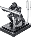 Knight Pen Holder With Two Pens And Resin Desk Organizer For Men Funny Executive Pen Stand with kneeling knight design.