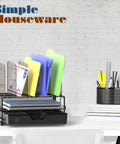 Mesh Desk Organizer with Sliding Drawer, Double Tray, Five Upright Sections for Files and Office Supplies, Black Finish