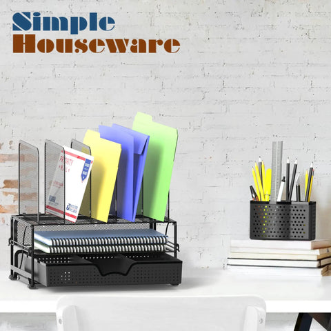 Mesh Desk Organizer with Sliding Drawer, Double Tray, Five Upright Sections for Files and Office Supplies, Black Finish