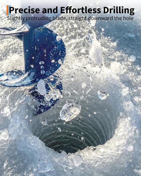 Beefy 52cc Gas Powered Post Hole Digger With 10 Inch Bit drilling into ice, close-up view of auger and hole