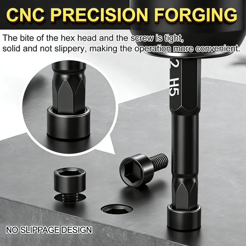Close-up view of Heavy Duty Magnetic Hex Bit Set with Quick Release Shank showing precision forging detail and no slippage design.