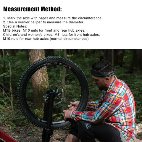 Mechanic adjusting bike wheel with 18Pcs Bike Axle Nuts And Safety Washers Kit M8 M9.5 M10 in forest setting