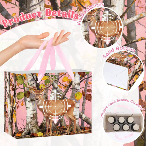 Pink Deer Camo Gift Bag Set With Tissue Paper And Greeting Card Hunter Approved Woodland Themed Birthday Wrapping Paper Bag