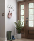Acrylic Facets Design Coat And Hat Hook In Satin Nickel And Clear Finish, Decorative Wall Mount shown in foyer with accessories