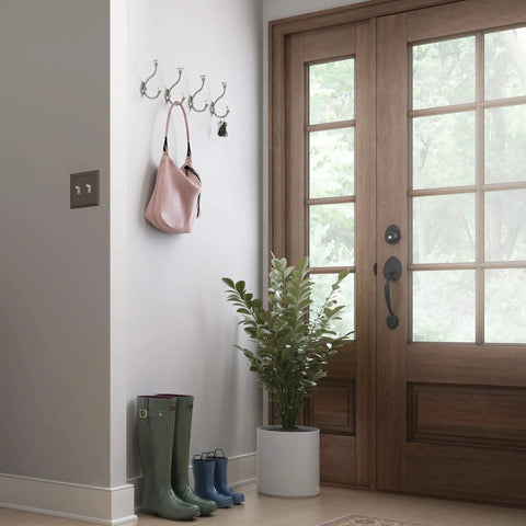 Acrylic Facets Design Coat And Hat Hook In Satin Nickel And Clear Finish, Decorative Wall Mount shown in foyer with accessories
