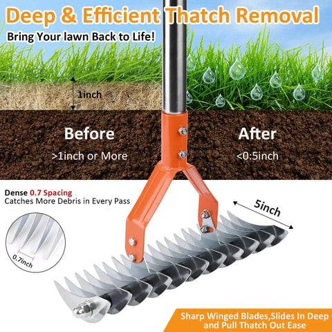 Heavy Duty Thatch Rake With Adjustable Handle 15 Inch Dethatcher Rake For Lawn Garden And Yard Cleanup Strong Steel Construction