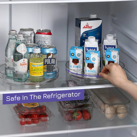 Four Pack 9 Inch Clear Acrylic Lazy Susans Non Skid Turntables Organizer For Cabinets Kitchen Pantry Refrigerator Vanity Countertop And Spice Rack Rotating Storage To Maximize Space And Accessibility with beverages inside a refrigerator