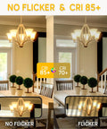 Comparison of light quality with dimmable E12 LED bulbs A15 globe shape in ceiling fan lights, showing no flicker and CRI 85+.